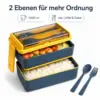Lunchbox 1400 ml mit 2 Ebenen – stapelbare Brotdose mit Löffel & Gabel, blau-gelb, ideal für Schule, Büro, Picknick & unterwegs