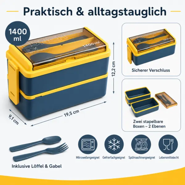 Lunchbox 1400 ml mit 2 Ebenen – stapelbare Brotdose mit Löffel & Gabel, blau-gelb, ideal für Schule, Büro, Picknick & unterwegs