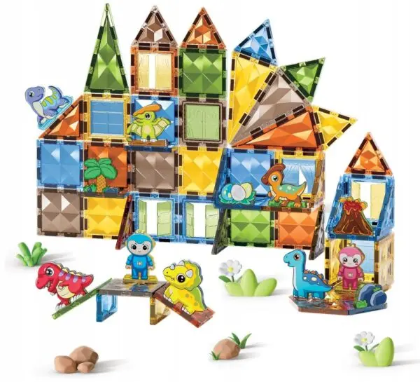 Magnetbausteine Dinosaurier Set – 54 Teile (42 Magnetblöcke + 12 Dino-Figuren) – Magnetisches Konstruktionsspielzeug für Kinder ab 3 Jahren