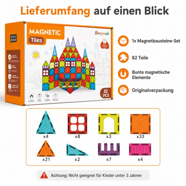Magnetbausteine Set 82-teilig für Kinder ab 3 Jahren – Magnetische Bauklötze