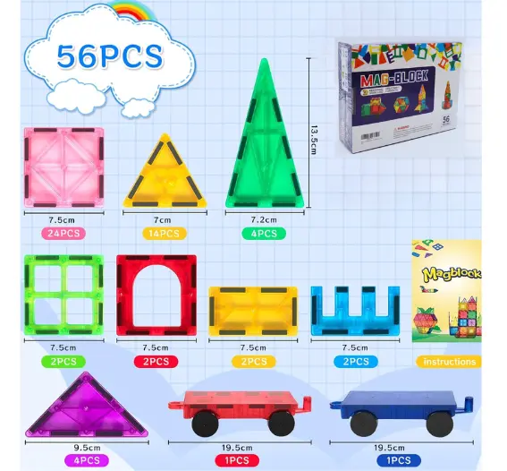 Magneten Steine 56 Teile MAG-BLOCK Magnetbausteine Set – 56 Teile | Kreatives Lernspielzeug für Kinder ab 3 Jahren