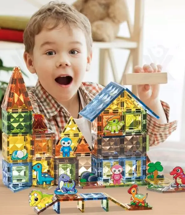 Magnetbausteine Dinosaurier Set – 54 Teile (42 Magnetblöcke + 12 Dino-Figuren) – Magnetisches Konstruktionsspielzeug für Kinder ab 3 Jahren