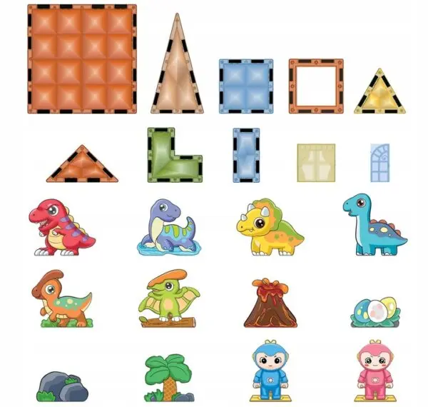 Magnetbausteine Dinosaurier Set – 54 Teile (42 Magnetblöcke + 12 Dino-Figuren) – Magnetisches Konstruktionsspielzeug für Kinder ab 3 Jahren