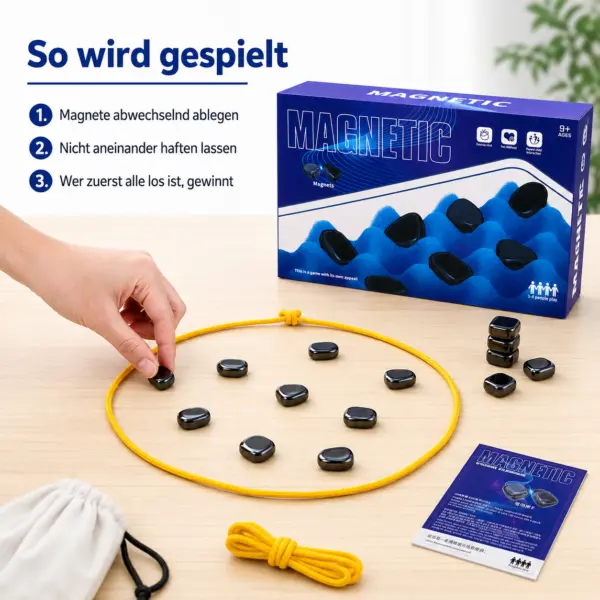 Magnetspiel – Magnetisches Strategiespiel für 1–4 Spieler mit starken Magneten, Spielseil & Aufbewahrungsbeutel – Denkspiel für Kinder & Erwachsene