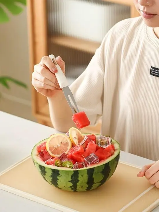 Melonenschneider 3-in-1 – Wassermelonen Schneider & Servierzange für Sommer, Obstsalat, BBQ, Picknick