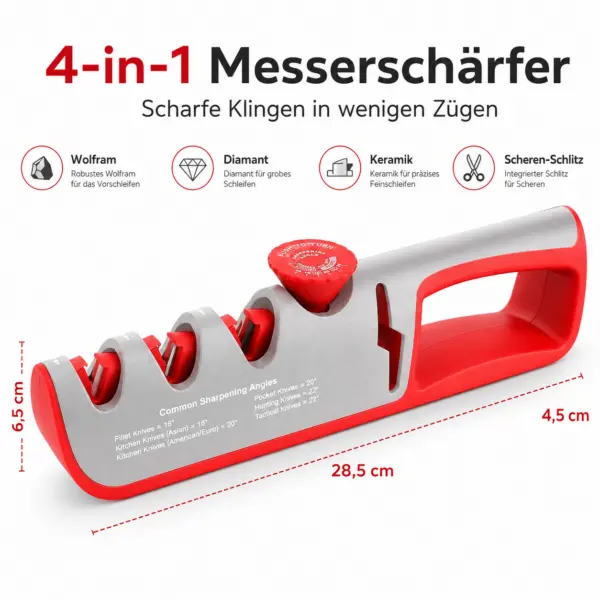 4-in-1 Messerschärfer mit Winkeleinstellung – Grau/Rot