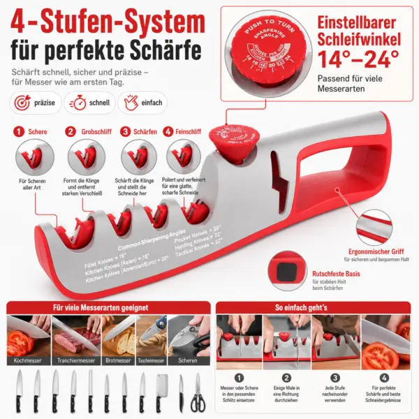 4-in-1 Messerschärfer mit Winkeleinstellung – Grau/Rot