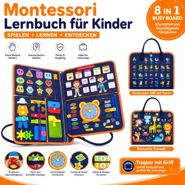 Montessori Activity Lernbuch 1 Montessori Activity Lernbuch - 8 in 1 mit englischen Wörtern, Motorikspielzeug für Kleinkinder, Reisespielzeug, Lernspielzeug