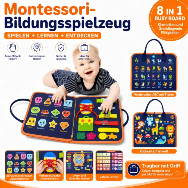 Montessori Activity Lernbuch mit englischen Wörtern Montessori Activity Lernbuch - 8 in 1 mit englischen Wörtern, Motorikspielzeug für Kleinkinder, Reisespielzeug, Lernspielzeug