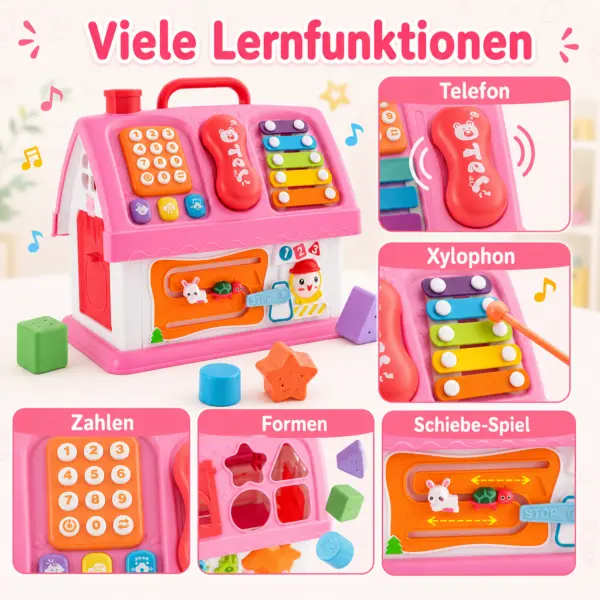 Montessori Haus Spielzeug ab 18 Monaten – Lernspielzeug mit Musik, Formen, Telefon, Xylophon, Steckspiel & Motorik-Spielhaus für Kleinkinder, Rosa
