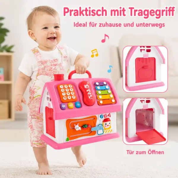 Montessori Haus Spielzeug ab 18 Monaten – Lernspielzeug mit Musik, Formen, Telefon, Xylophon, Steckspiel & Motorik-Spielhaus für Kleinkinder, Rosa