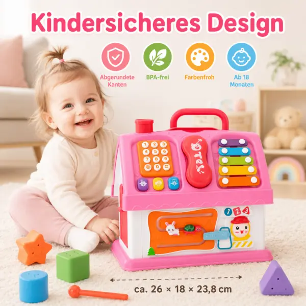 Montessori Haus Spielzeug ab 18 Monaten – Lernspielzeug mit Musik, Formen, Telefon, Xylophon, Steckspiel & Motorik-Spielhaus für Kleinkinder, Rosa