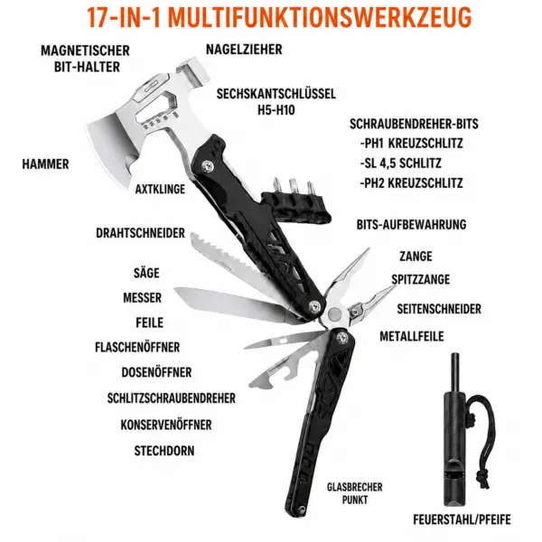 Mulifunktionswerkzeug 7-in-1 Multifunktionswerkzeug mit Hammer, Zange, Säge & Feuerstarter – kompakter Helfer für Outdoor, Camping und Alltag