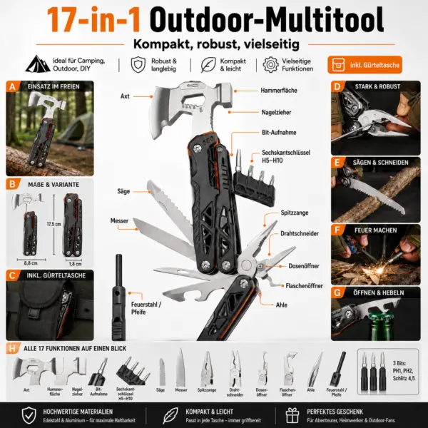 Mulifunktionswerkzeug mit Ast 7-in-1 Multifunktionswerkzeug mit Hammer, Zange, Säge & Feuerstarter – kompakter Helfer für Outdoor, Camping und Alltag