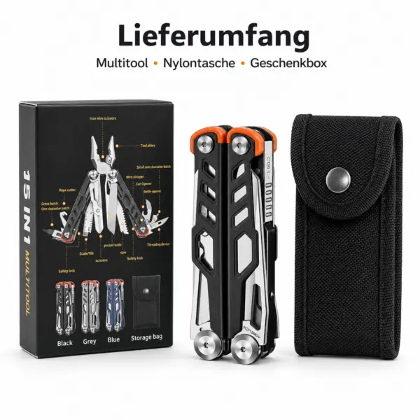 15 in 1 Multitool Multifunktionswerkzeug Schwarz mit Zange Messer Säge Schere Schraubendreher & Nylontasche – Camping Outdoor Werkzeug