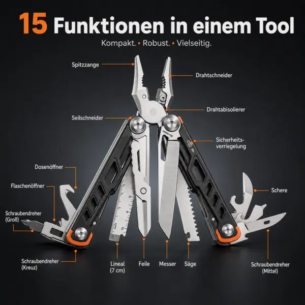 Multitool mit Zange 15 in 1 – Multifunktionswerkzeug schwarz mit Messer, Säge, Schere & Schraubendreher inkl. Nylontasche für Camping & Outdoor