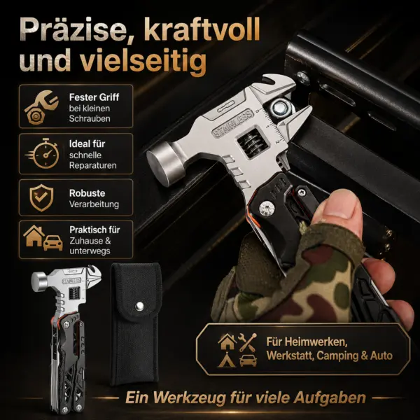 Multitool mit Hammer, Zange & Schraubendreher-Bits – Kompaktes 17-cm-Multifunktionswerkzeug mit Tasche, schwarz