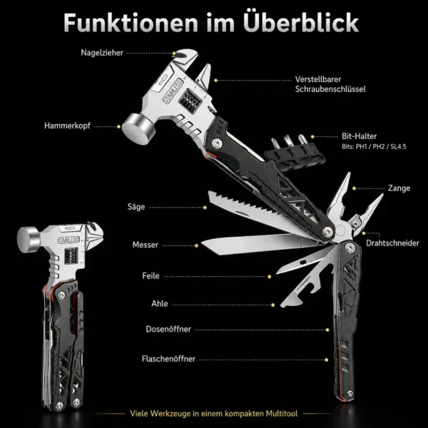Multitool mit Hammer, Zange & Schraubendreher-Bits – Kompaktes 17-cm-Multifunktionswerkzeug mit Tasche, schwarz