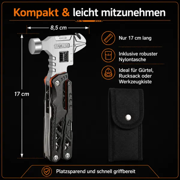 Multitool mit Hammer, Zange & Schraubendreher-Bits – Kompaktes 17-cm-Multifunktionswerkzeug mit Tasche, schwarz