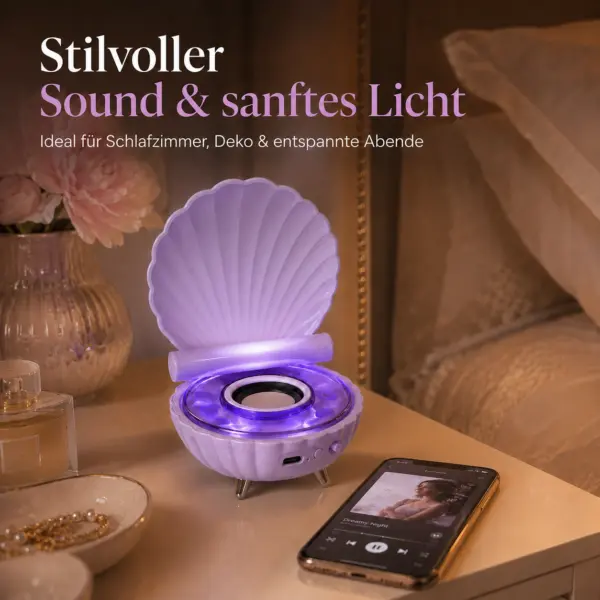 Kabelloser Muschel-Lautsprecher mit LED-Ambientelicht, USB-C und TWS-Funktion – Lila