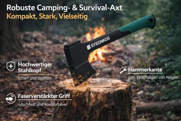 Outdoor Axt mit Schutzhülle – robuste Camping Spaltaxt aus gehärtetem Stahl, rutschfester Griff, integrierter Hammer Outdoor Axt mit Schutzhülle – robuste Camping- & Spaltaxt aus gehärtetem Stahl, rutschfester Griff, integrierter Hammer