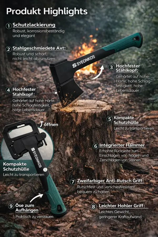 Outdoor Axt mit Schutzhülle – robuste Camping- & Spaltaxt rutschfester Griff, integrierter Hammer Outdoor Axt mit Schutzhülle – robuste Camping- & Spaltaxt aus gehärtetem Stahl, rutschfester Griff, integrierter Hammer
