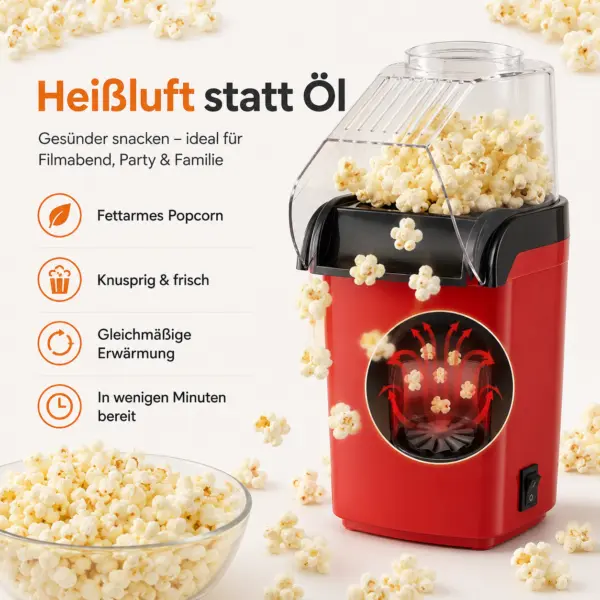 Popcornmaschine Heißluft – rote Popcorn Maker Maschine für frisches Popcorn ohne Öl