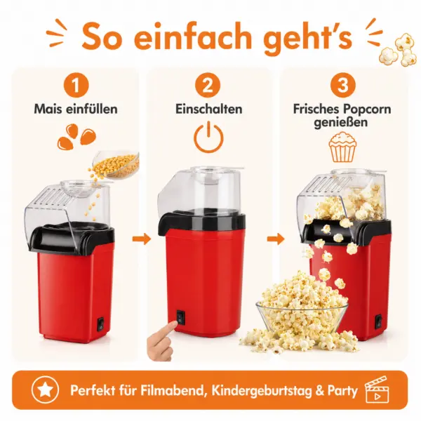 Popcornmaschine Heißluft – rote Popcorn Maker Maschine für frisches Popcorn ohne Öl