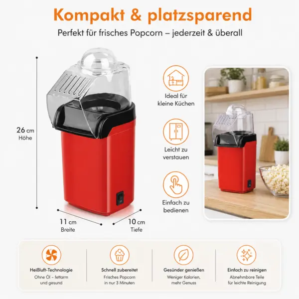 Popcornmaschine Heißluft – rote Popcorn Maker Maschine für frisches Popcorn ohne Öl