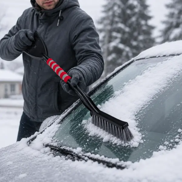 Schneebürte und Eiskratzer Bild 3 2-in-1 Schneebürste mit abnehmbarem Eiskratzer – Auto-Schneebesen mit weichen Borsten und rutschfestem Komfortgriff – für Scheiben und Fentser