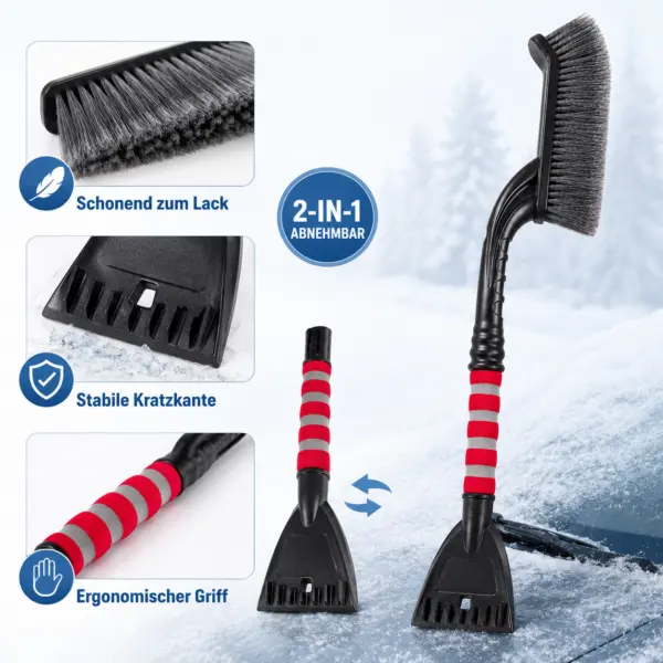 Schneebürte und Eiskratzer Bild 4 2-in-1 Schneebürste mit abnehmbarem Eiskratzer – Auto-Schneebesen mit weichen Borsten und rutschfestem Komfortgriff – für Scheiben und Fentser