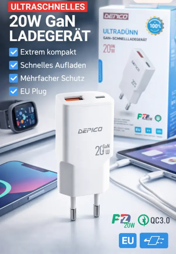 Schnellladegerät 20 W DERICO 20W Schnellladegerät – USB-C PD & USB-A QC 3.0 Netzteil mit 2 Anschlüssen, kompakter EU-Stecker für Smartphone, Tablet, Kopfhörer und mehr