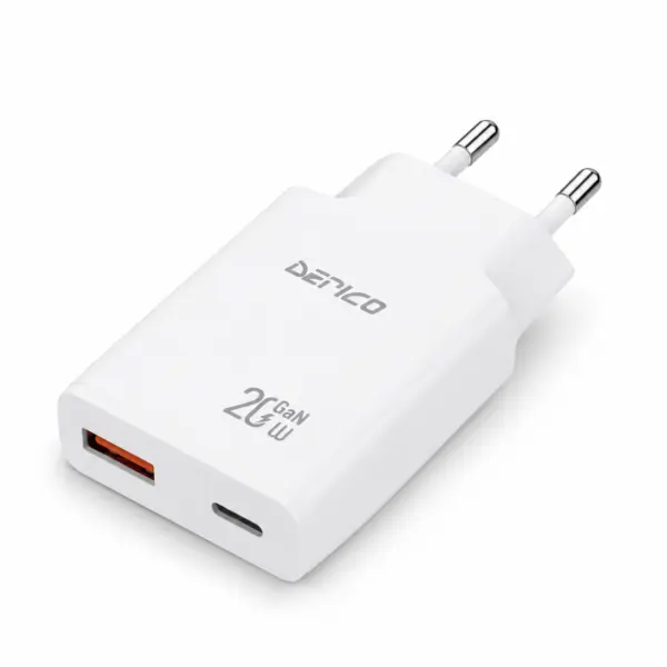 DERICO 20W Schnellladegerät – USB-C PD & USB-A QC 3.0 Netzteil mit 2 Anschlüssen, kompakter EU-Stecker für Smartphone, Tablet, Kopfhörer und mehr