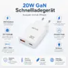 Schnellladegerät flach 20 W DERICO 20W Schnellladegerät – USB-C PD & USB-A QC 3.0 Netzteil mit 2 Anschlüssen, kompakter EU-Stecker für Smartphone, Tablet, Kopfhörer und mehr