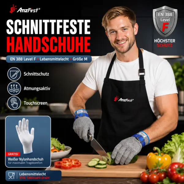 Schnittfester Handschuh Größe M mit verstellbarem Handgelenkband, lebensmittelecht, touchscreenfähig, waschbar, inkl. Nylonhandschuh & Aufhängehaken