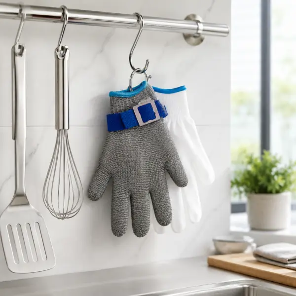 Schnittfester Handschuh Größe M mit verstellbarem Handgelenkband, lebensmittelecht, touchscreenfähig, waschbar, inkl. Nylonhandschuh & Aufhängehaken