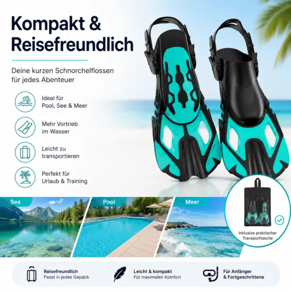 Kurze Schnorchelflossen XS 32–36 – verstellbare Schwimmflossen in Türkis/Schwarz