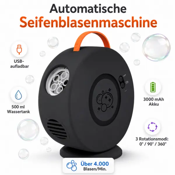 Seifenblasenmaschine Automatisch 90°/360° Drehbar, Elektrisches Blasenspielzeug schwarz