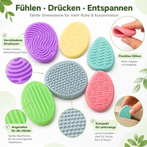 Sensoriksteine Fidget Toys Set – 12 Stück Anti-Stress Sensory Stones aus Silikon