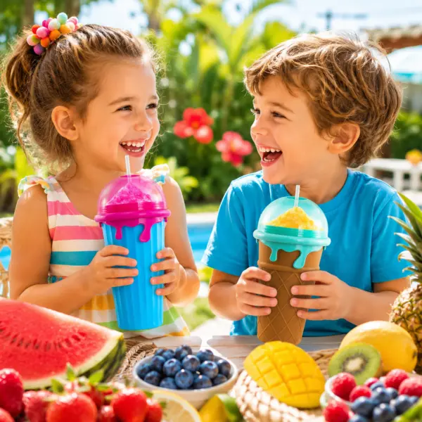 Slushy Becher 2er Set – 2 × 500 ml im Eiswaffel-Design, Frozen Squeeze Cups mit Löffel-Strohhalmen für Slush-Eis, Saft & Cola