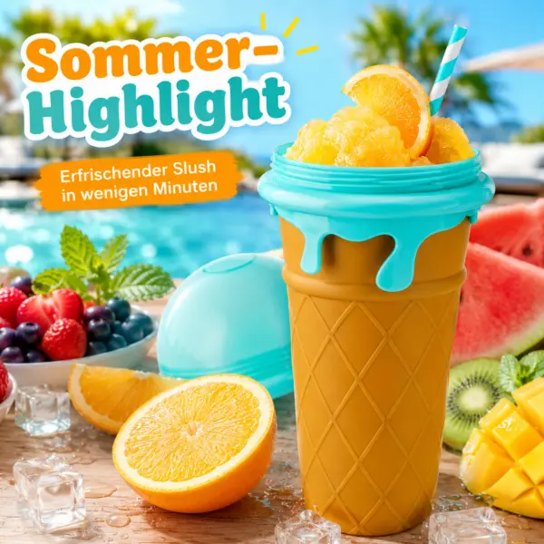 Slushy Becher 500 ml im Eiswaffel-Design – Frozen Squeeze Cup mit Löffel-Strohhalm für Slush-Eis, Saft & Cola