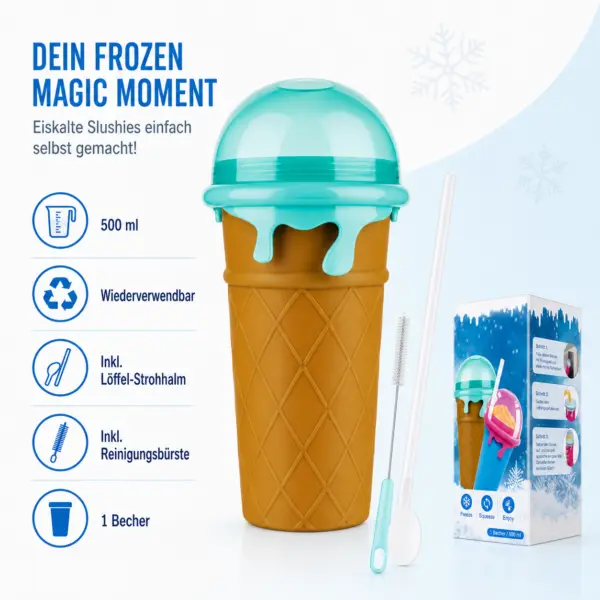 Slushy Becher 500 ml im Eiswaffel-Design – Frozen Squeeze Cup mit Löffel-Strohhalm für Slush-Eis, Saft & Cola