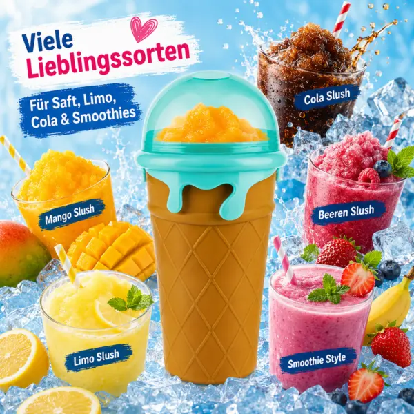 Slushy Becher 500 ml im Eiswaffel-Design – Frozen Squeeze Cup mit Löffel-Strohhalm für Slush-Eis, Saft & Cola