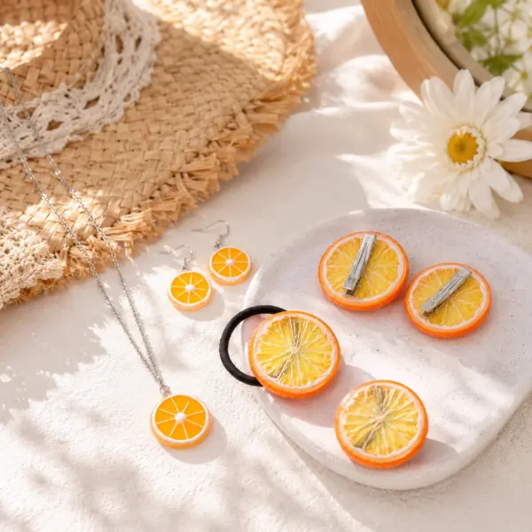 Sommer Schmuckset Orange – Kette, Ohrringe, Haargummi & 2 Haarspangen Sommer Schmuckset Orange – Kette, Ohrringe, Haargummi & 2 Haarspangen