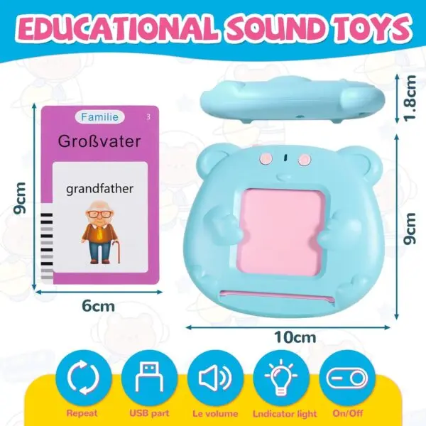 Interaktive Lernkarten Deutsch Englisch für Kinder – 255 Karten mit 510 Wörtern, sprechendes Lernspielzeug, Flashcards mit Kartenlesegerät, USB-aufladbar
