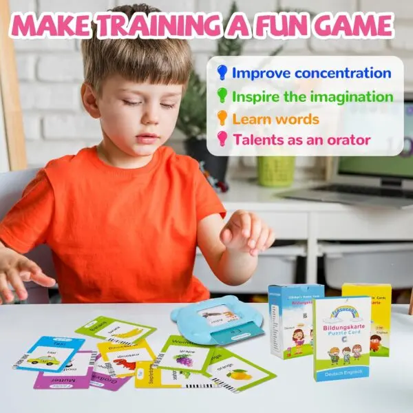 Interaktive Lernkarten Deutsch Englisch für Kinder – 255 Karten mit 510 Wörtern, sprechendes Lernspielzeug, Flashcards mit Kartenlesegerät, USB-aufladbar