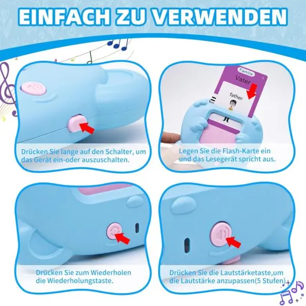 Interaktive Lernkarten Deutsch Englisch für Kinder – 255 Karten mit 510 Wörtern, sprechendes Lernspielzeug, Flashcards mit Kartenlesegerät, USB-aufladbar