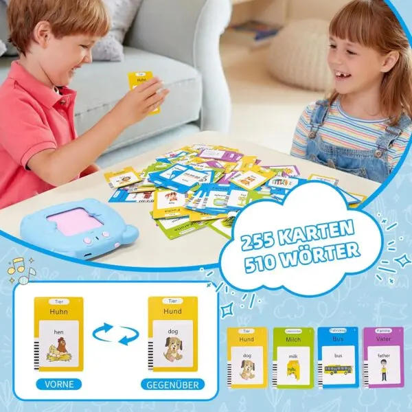 Interaktive Lernkarten Deutsch Englisch für Kinder – 255 Karten mit 510 Wörtern, sprechendes Lernspielzeug, Flashcards mit Kartenlesegerät, USB-aufladbar