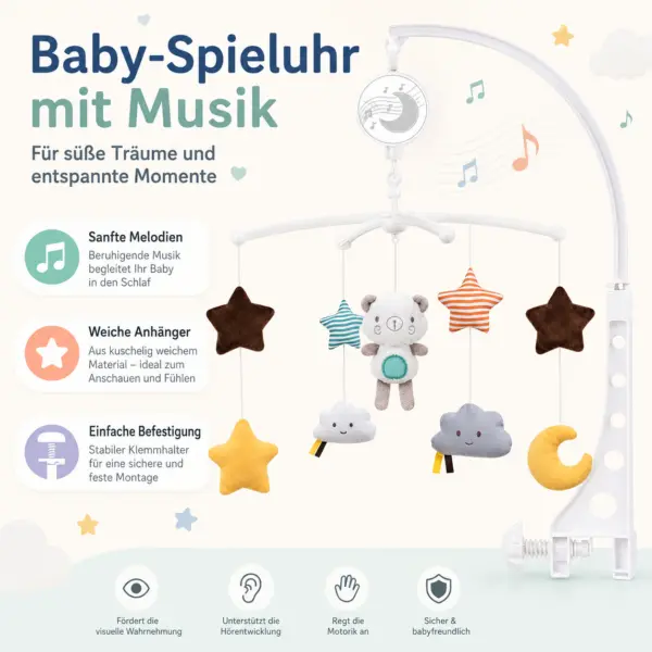 Baby Mobile mit Spieluhr fürs Kinderbett – Teddy, Sterne & Mond, beruhigende Melodie für Neugeborene