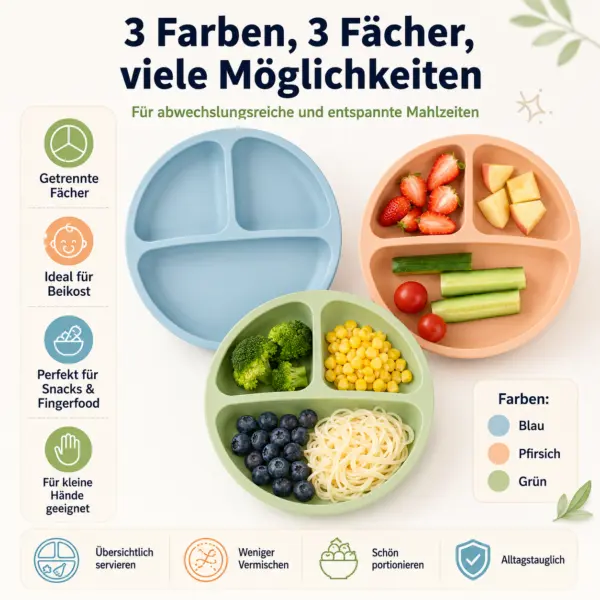 3er-Set Silikon-Teller mit Saugnapf – praktische Kinderteller für entspannte Mahlzeiten
